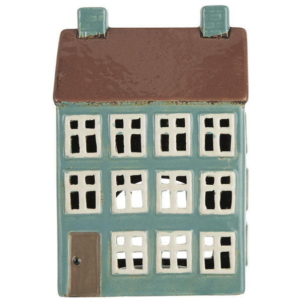 Haus für Teelicht Nyhavn, grün, braunes Dach, 2 Schornsteine von IB Laursen